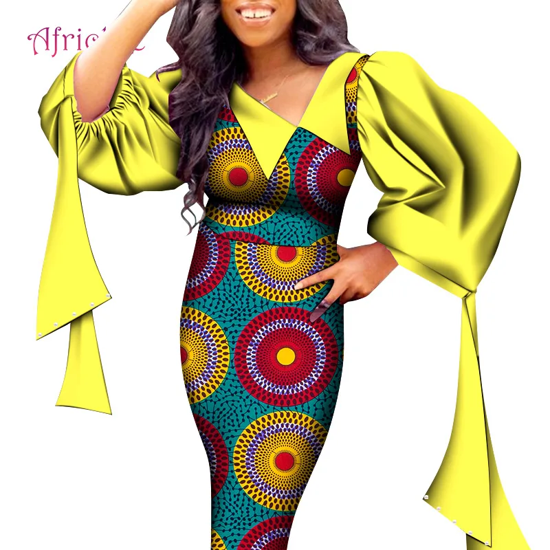 African Print Dress for Women Dashiki Mid-calf Patchwork Clothes Plus Size Vestidos Fashion Lady Birthday Party Clothing WY8942