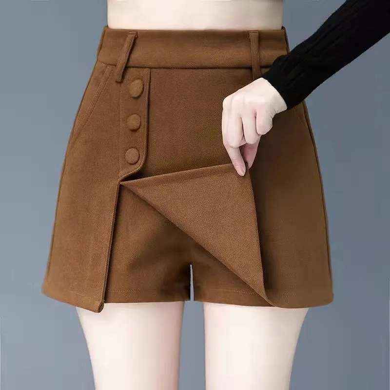 Winter Fall Women Buttons Black Grey  Wool Shorts Skirt , 2022 New Kroean Casual Women High Waisted 4xl Woolen Skirts