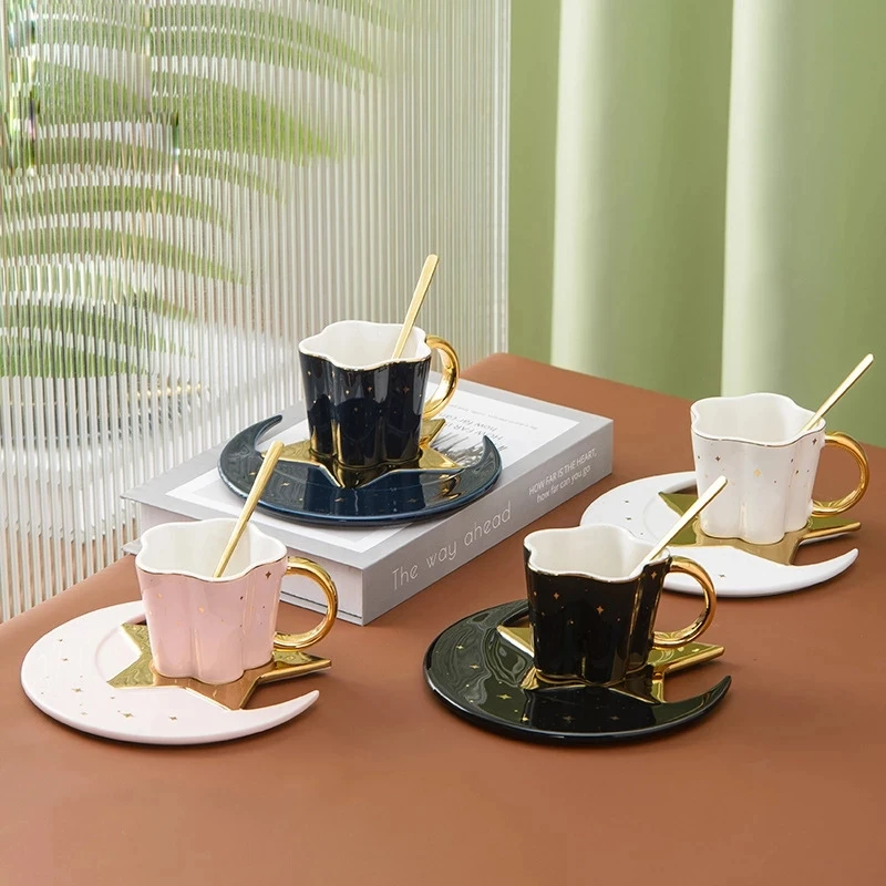 

Creative Ceramic Star Moon Coffee Cup And Saucer With Spoon Golden Handle Mug Afternoon Tea Cup Juice Water Drinks Cup Porcelain