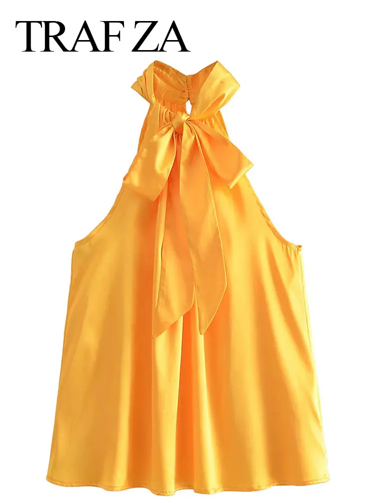 

TRAF ZA Ladies Fashion Tank Top Sleeveless Solid Color Bright Yellow Collar Tie Bow Casual Loose Women Daily Beach Street Wear