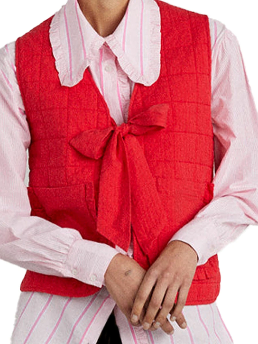 Женский легкий жилет с завязкой спереди однотонный клетчатый кардиган без