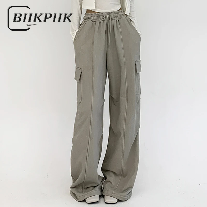 

BIIKPIIK Casual Pockets Drawstring Sweatpants All-matched Loose Cargo Pants For Women Concise Straight Trousers Autumn Clothing
