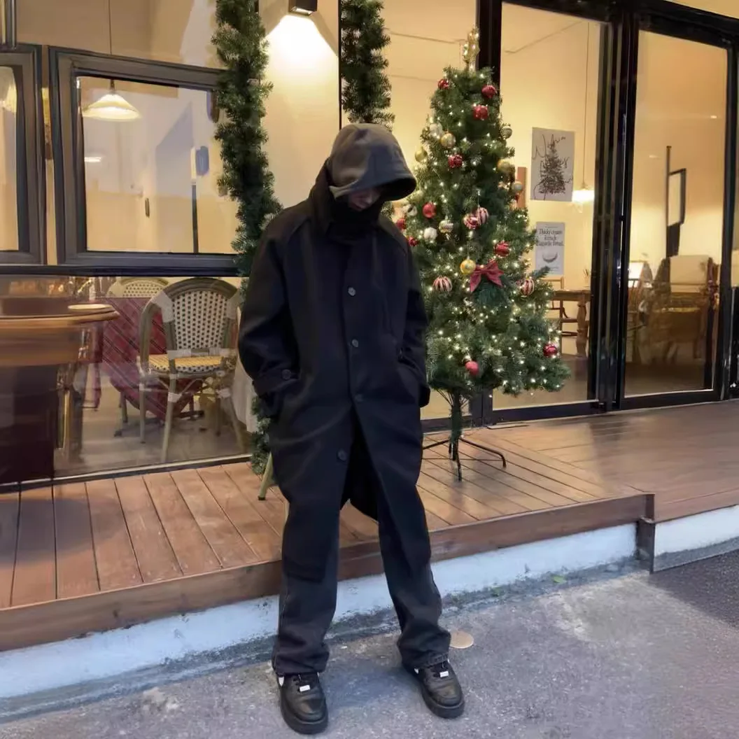 PFNW Высококачественный длинный твидовый шерстяной флисовый мужской плащ длиной