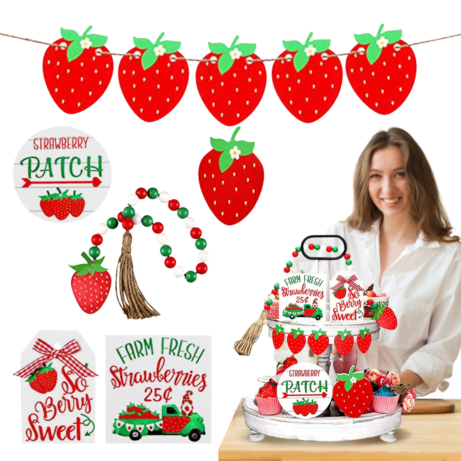 

Лоток в несколько рядов клубники, украшения для лета, деревянный поднос в несколько рядов, Декор, деревянная гирлянда из бусин в виде фрукто...