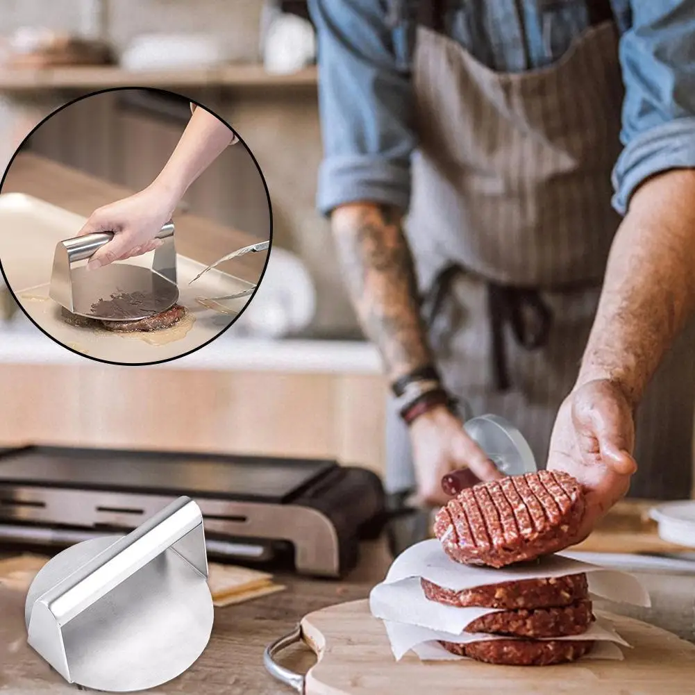 

Steel Handheld Round Burger Press Non-stick Smasher Kitchen Pie Grill Tool Meat Pressing Maker Tool Hamburger L2u5