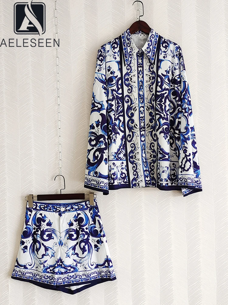 

AELESEEN Runway Fashion Autumn Set 2022 Women Blue Porcelian Print Batwing Sleeve Blouse + Shorts Casual Party 2 Pieces Set