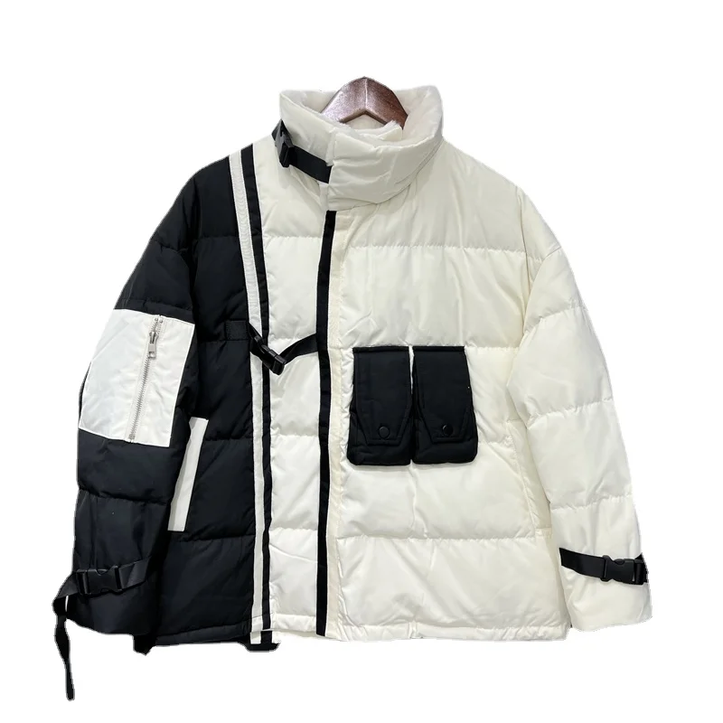 

2022 New Down Jacket Women Stand Collar Chest Pocket Blackwhite Contrast White Duck Down Coat Long Sleeve Manteaux Doudoune H712
