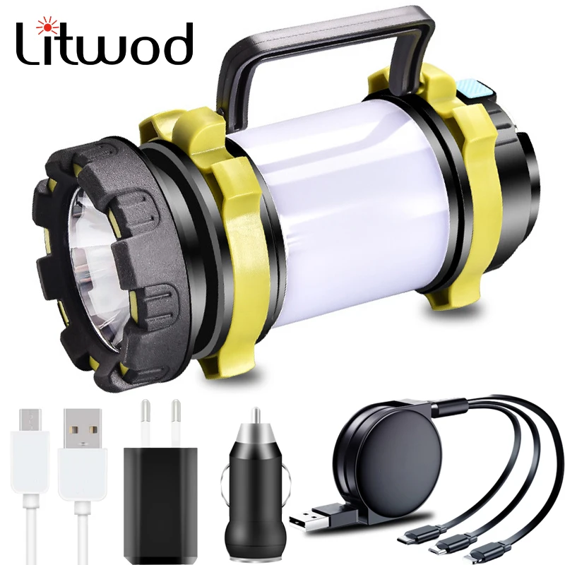

Led Flashlight XM-L T6 USB Rechargeable COB Camping Color Light Built in Battery Torch for Emergency Powerbank White Red Lantern