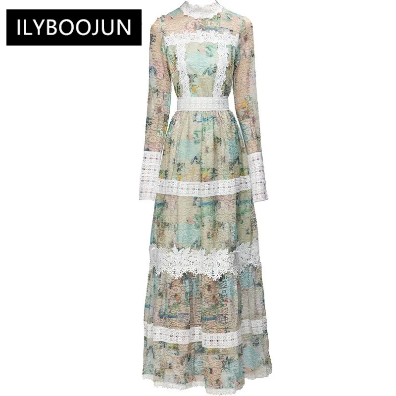 

Женское Сетчатое платье с воротником-стойкой, дизайнерское длинное ажурное платье с винтажным принтом и вышивкой, летнее платье для женщин