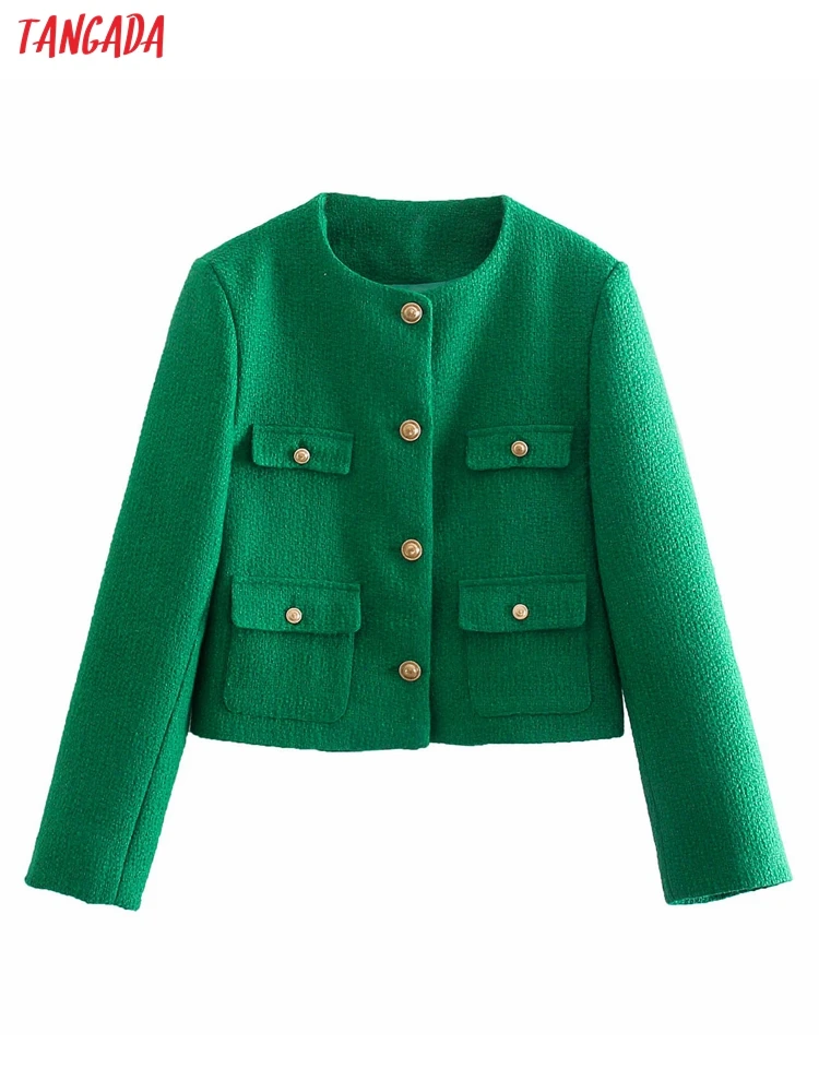

Tangada Women 2021 Fashion Green Tweed Crop Blazer Coat Vintage Long Sleeve Female Outerwear 8Y194