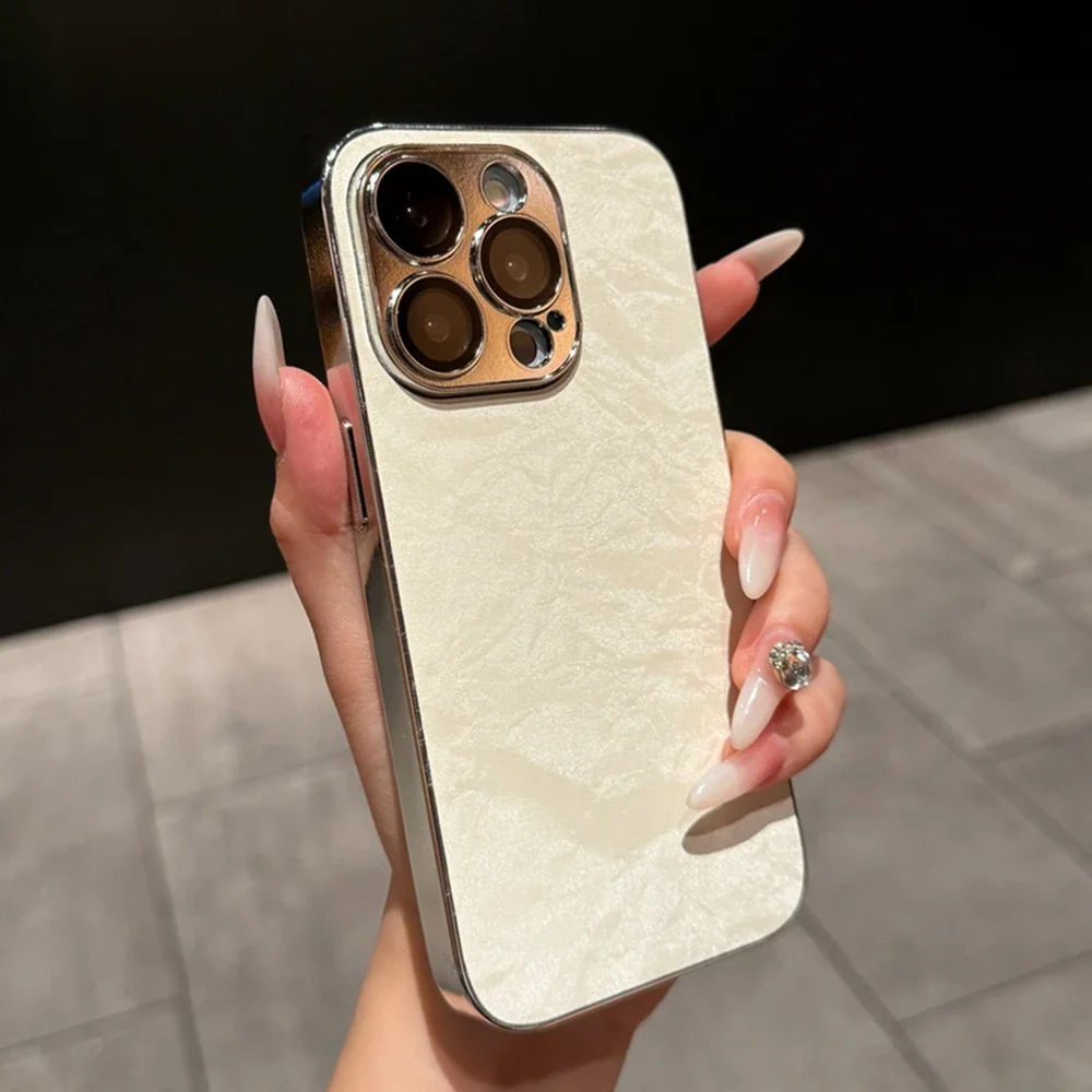 Кожаный чехол Ripple Plating для iPhone 16 13 14 11 12 15 Pro Max Plus защитный объектива камеры жесткий