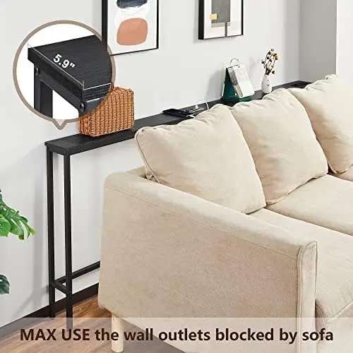 

2 Pack 5.9" Narrow Console Sofa Table with Power Outlets, 5.9" Dx39.4 Wx31.1 H Long Black Behind Couch Table with Metal