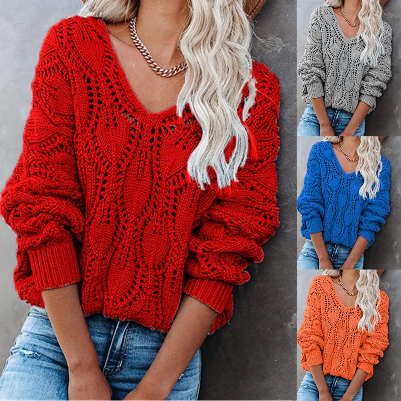 

2023 Spring New Casual Women Sweater V-Neck Loose Hollow Female Knitted Long Sleeve Pullover