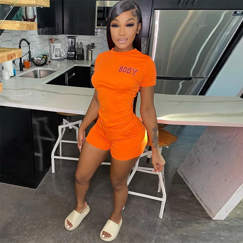 

Fashion Body Letter Print Two Piece Short Set Women's Tracksuit O-Neck Short Sleeve T-shirt+Side Pockets Biker Short Sport Suits