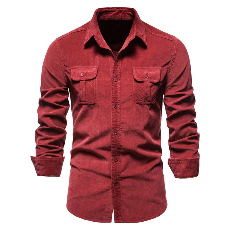 2022 New Single Breasted 100% Cotton Men's Shirt Business Casual Fashion Solid Color Corduroy Men Shirts Autumn Slim Shirt Men