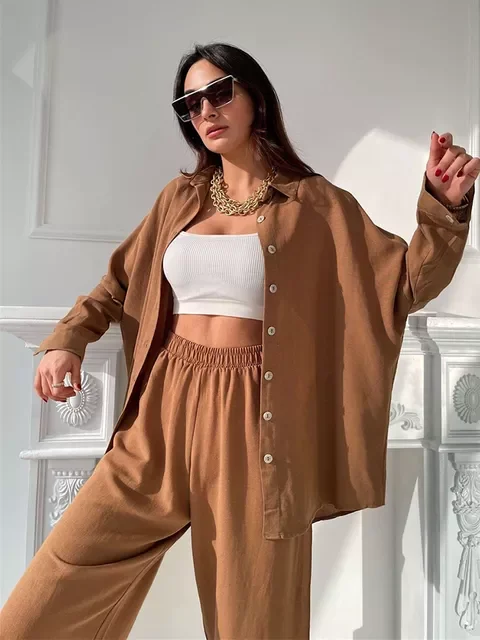 

Free shipping Solid Womens Tracksuit Long Sleeve Shirts And Elastic Waist Pants Lae-Up Casual 2 Piece Ladies Pants Set Button 20