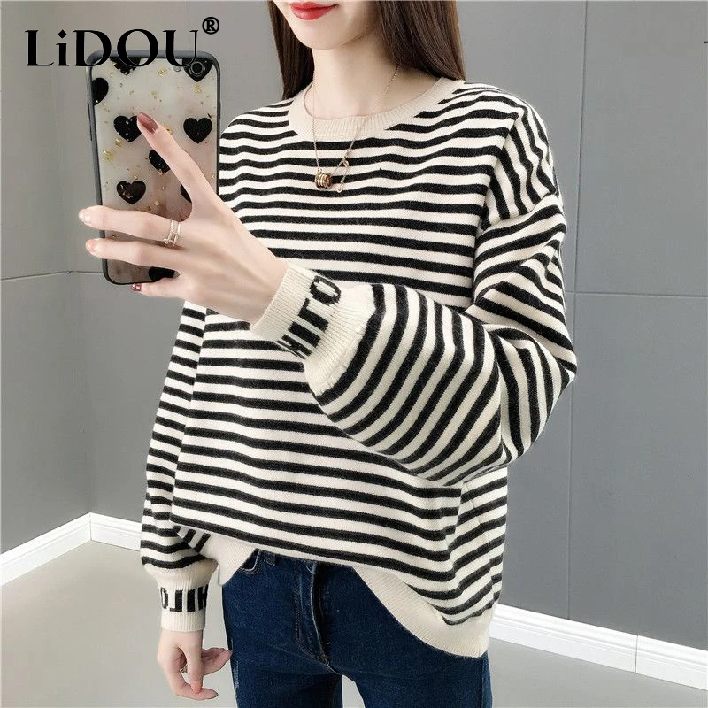 

Autumn Winter Vintage Striped Loose Casual Sweater Female Elegant Simple Fashion All-match Pullover Top Women Bottoming Jumper
