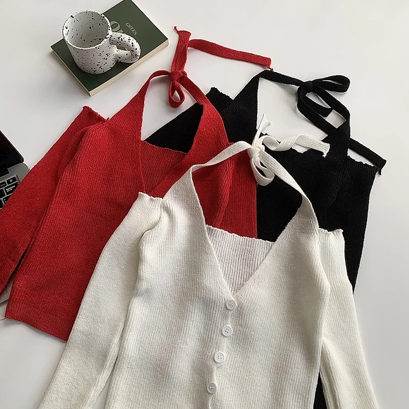 Женский вязаный топ с открытым вырезом и шнуровкой Design Sense осень 2023 новый черный