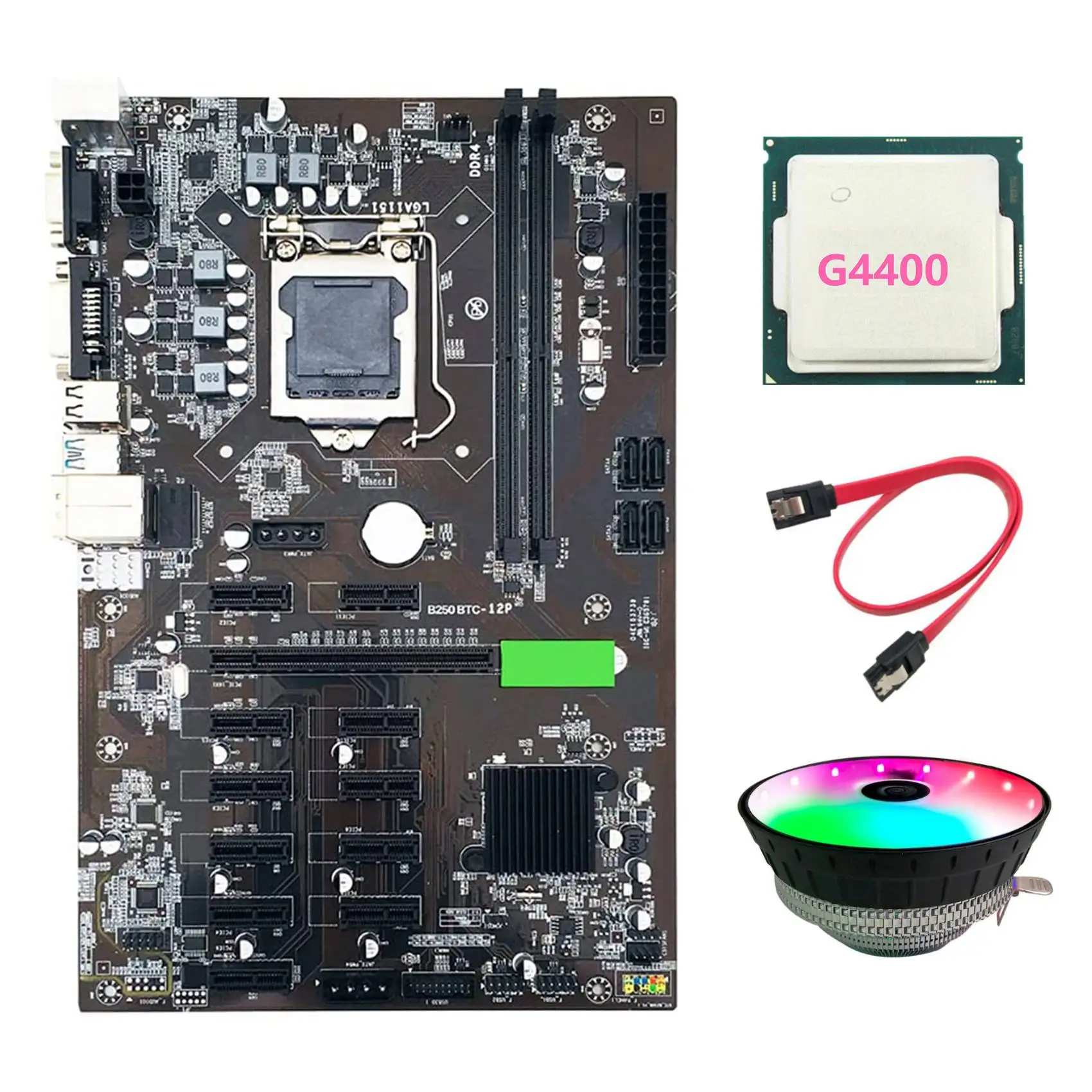 

B250 BTC Mining Motherboard with G4400 CPU+RGB Cooling Fan+SATA Cable 12XGraphics Card Slot LGA 1151 DDR4 for BTC Miner