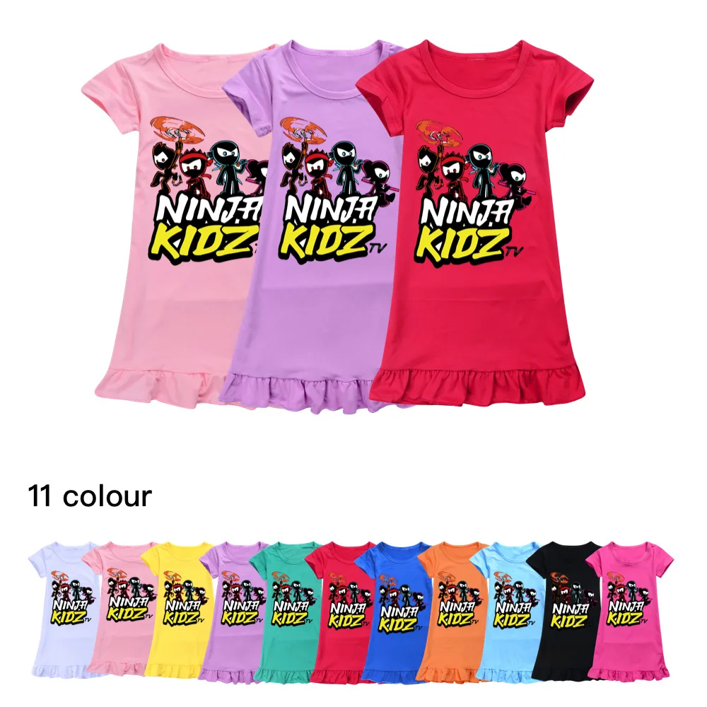 

2022 NINJA KIDZ Dress Girls Nightdress Clothes Cartoon Pajamas Children's Clothing Short-Sleeve Pajamas Dress Kids Family Wear