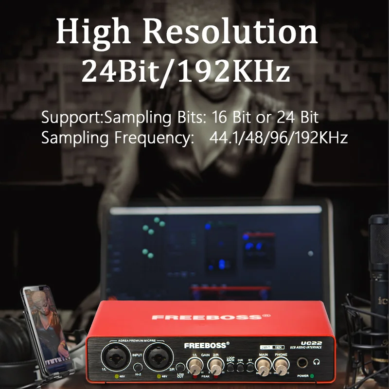 FREEBOSS Audio Interface Professional 192KHz Recording Loopback Hi-z Guitar USB DC 5V External Sound Card 48V Phantom Power UC22 enlarge