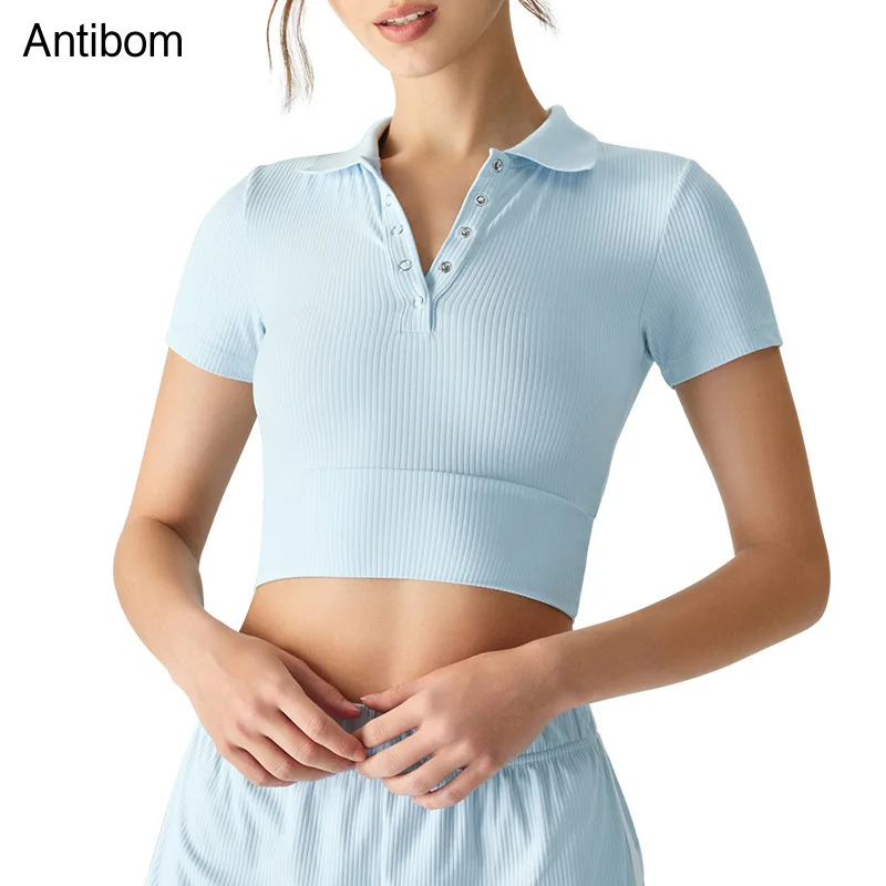 

Antibom Polo Collar Yoga Short Sleeved T-shirt Women's Slimming and Quick Drying Fitness Top