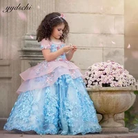 luxurious blue lace 3d appliques flower girls wedding dresses princess ball gown short sleeves birthday party pageant gowns 2022