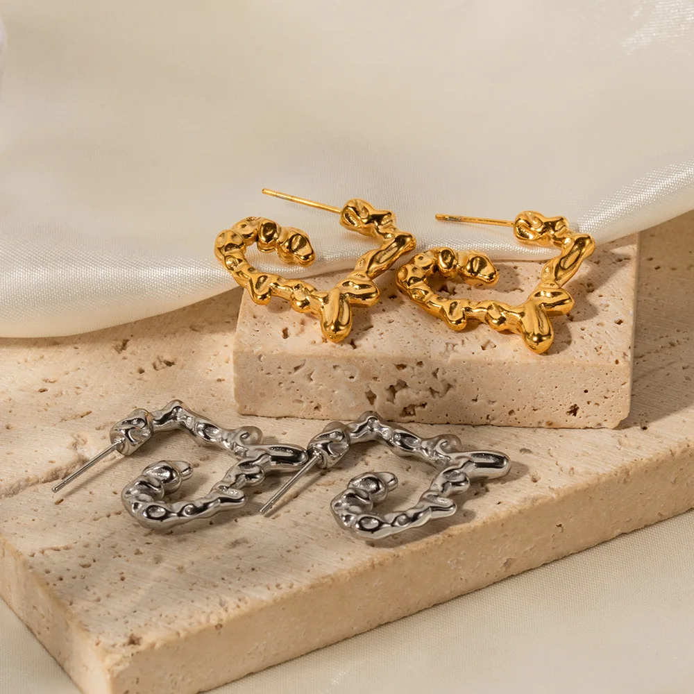 Stainless Steel PVD 18K Gold Plated Tarnish Waterproof Irregular Heart Hoop Earrings For Woman Jewelry Wholesale Trendy