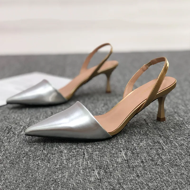

2023 Silver Women Sandals Pointed-toe Solid Summer OL Pumps For Womans Party Shoes Summer Office & Career Shoes Med High Heels