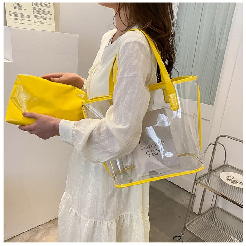 PVC Laser Aurora Transparent Jelly Bag Large Capacity Laser Clear Son-Mother Travel Tote 2pcs/set Casual PVC Women Jelly Handbag