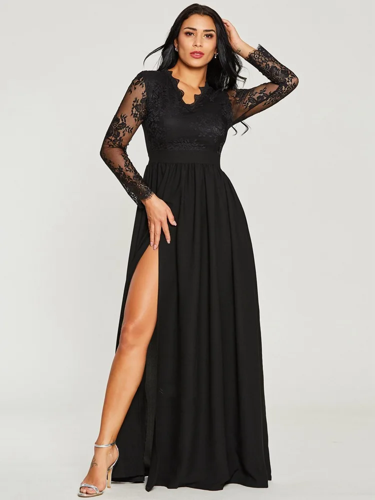 Trendeez Elegant Fashion Plain V-neck Lace A-line Ankle-length Dress