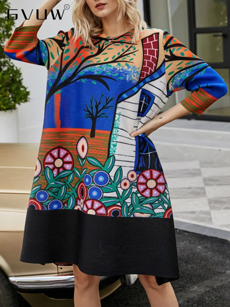 

GVUW Fashion Pleated Dress Women Print O-neck Three Quarter Sleeve Color Block Loose Casual Dresses Lady 2023 Spring New 17G0960