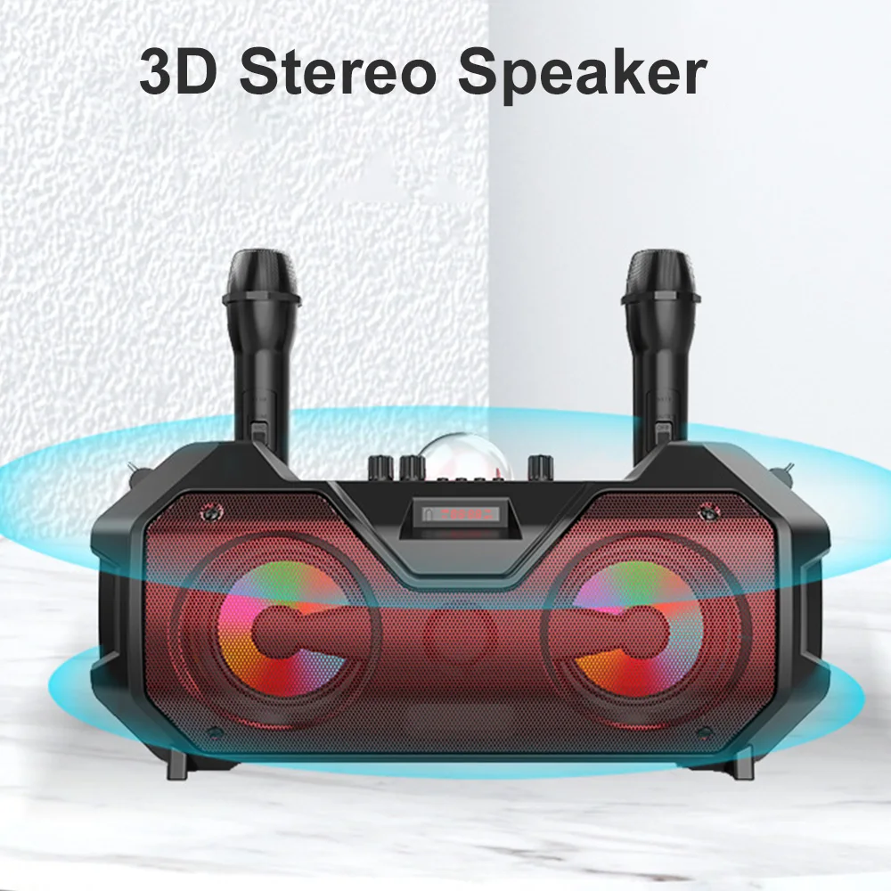 Bluetooth-колонка с двойным беспроводным микрофоном 3D стерео сабвуфер цвет в