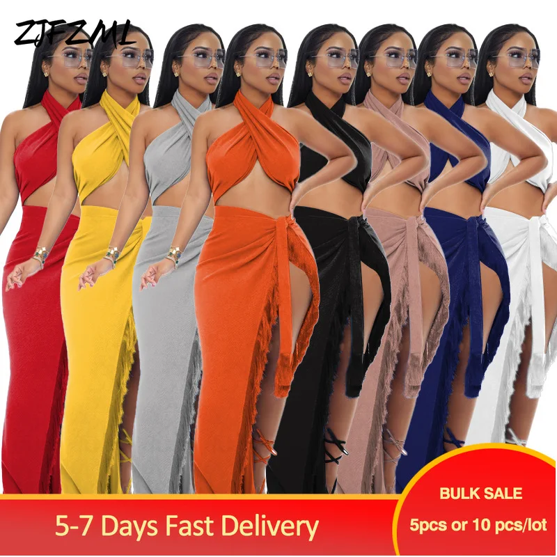 

Bulk Items Wholesale Lots Vintage Solid Women's Dress Suits Off Shoulder Open Back Crop Top + High Waist Fringe Split Maxi Skirt