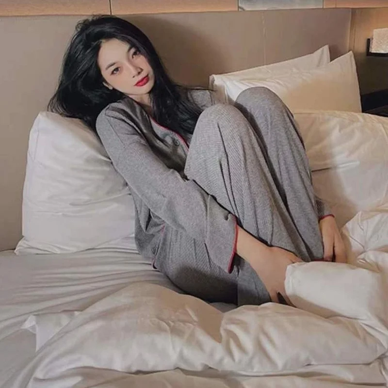 QWEEK Women's Pajamas Korean Set Outfit Solid Color Red Edge Banding Trouser Suits Spring Autumn Sleepwear Pyjamas Pijamas Cute