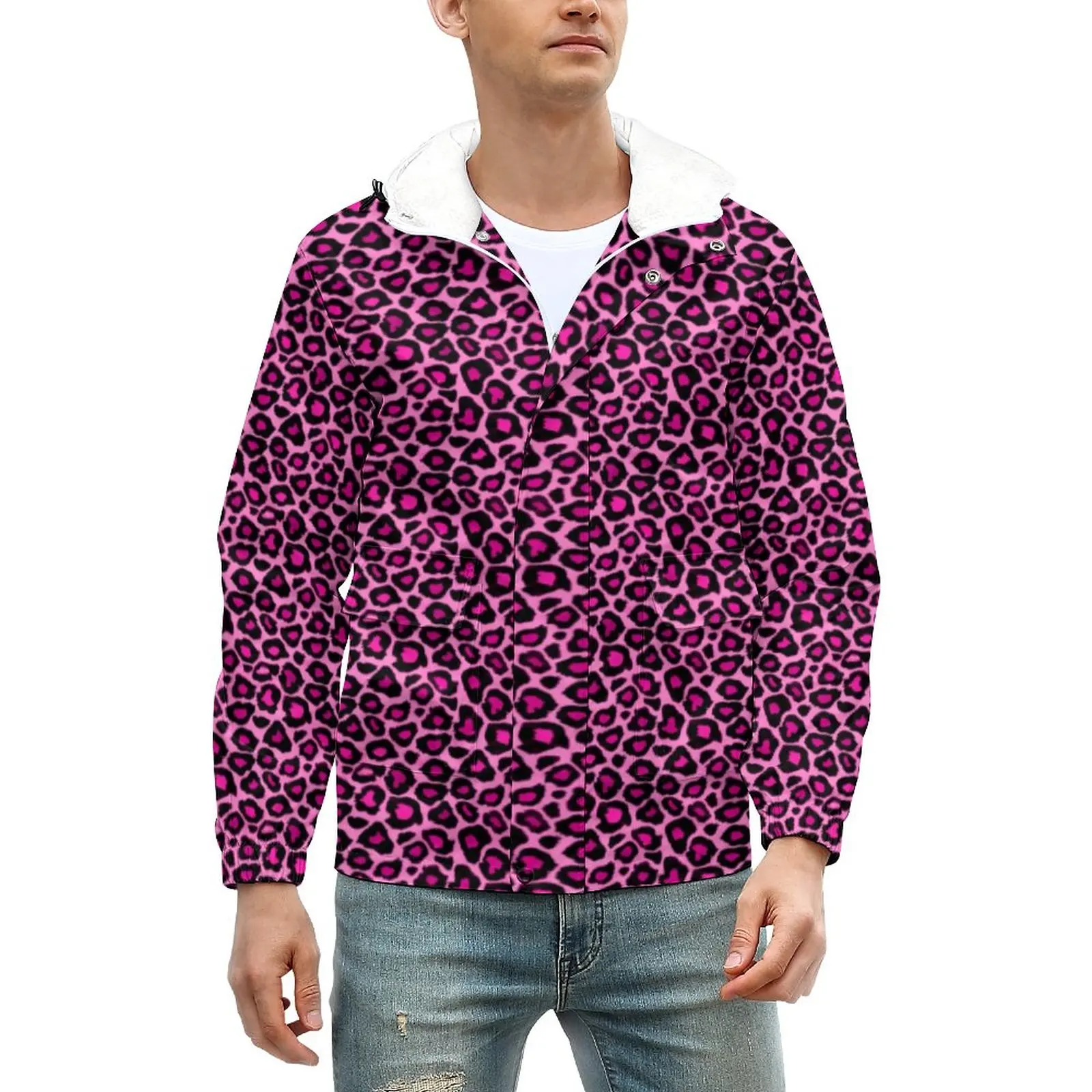 

Pink Leopard Jackets Winter Animal Fur Print Kawaii Thick Warm Casual Coats Hooded Outdoor Windbreakers Design Big Size Jacket
