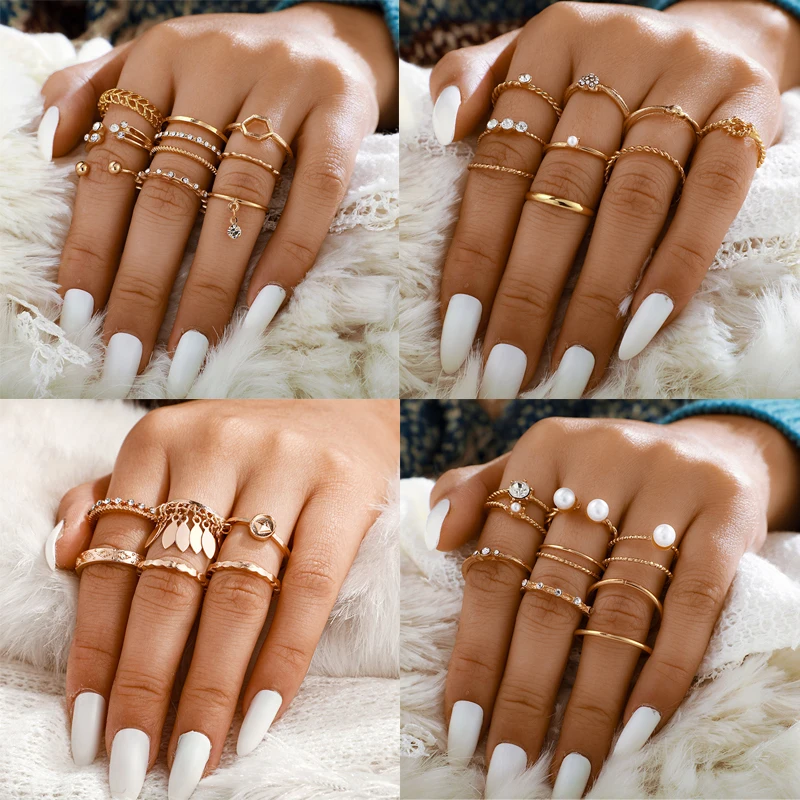 Personality Tassel Moon Gold Color Rings Sets Crystal Stone Pearl Inlaid Heart Geometric Opening Ring Boho Jewelry for Women |