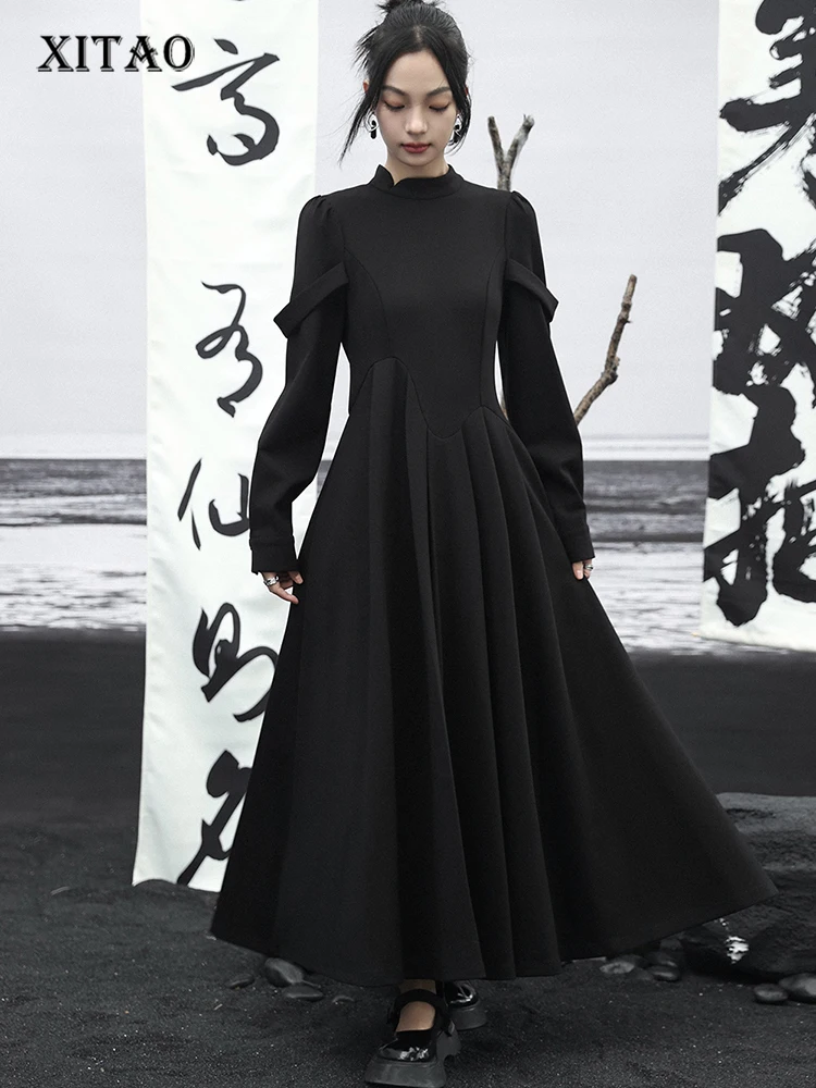 

XITAO асимметричное Плиссированное черное платье с длинным рукавом и воротником-стойкой женское темпераментное платье 2023 осень простота Новинка LYD1335