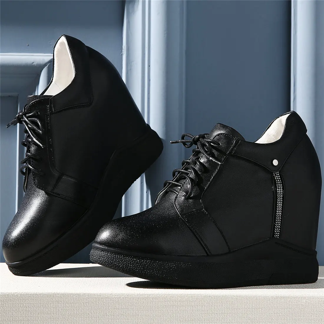 Casual Shoes Women Lace Up Genuine Leather Wedges High Heel Pumps Female Round Toe Platform Fashion Sneakers Rhinestones Loafers