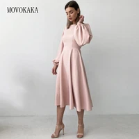 movokaka elegant woman pink long dress sexy backless club party slim vestidos o neck lantern sleeve casual spring midi dresses