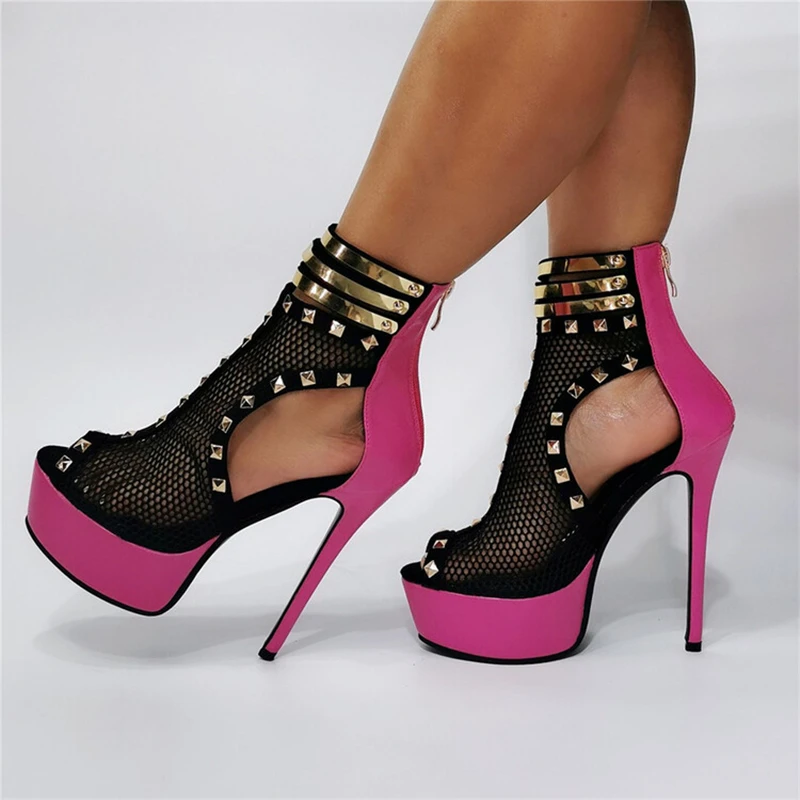 Женские двухслойные ботильоны на платформе массивном высоком каблуке с открытым