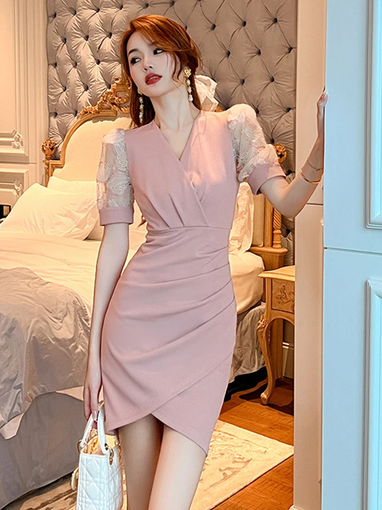 

Женское милое мини-платье во французском стиле, летнее розовое платье с вышивкой и блестками, короткое платье со складками и коротким рукавом для девушек, 2023