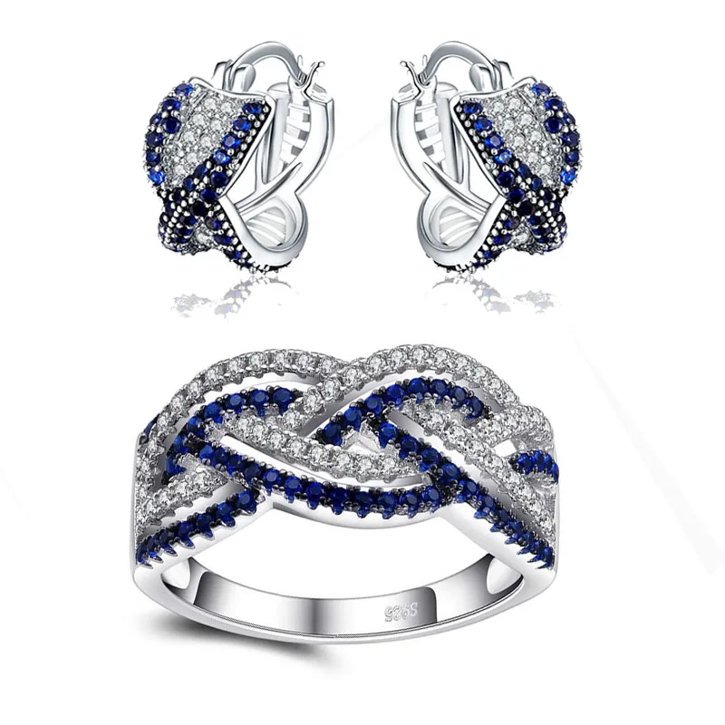 

New Two-piece Jewelry Set Design Ring Halo White and Blue Stone Micro-paved Elegant Women's Earrings Anniversary Women's Jewelry