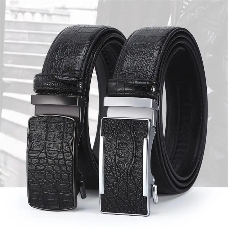 3.5cm Business Men's Belt Black Brown Casual Crocodile Pattern Cowhide Alloy Automatic Buckle Suit Pants Belt