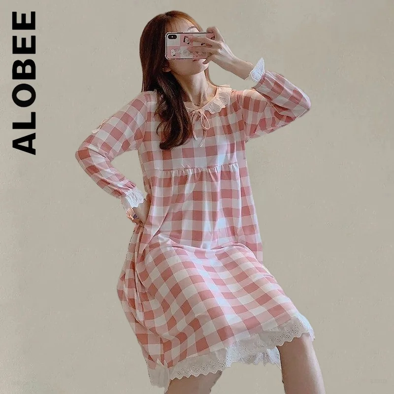 

Alobee Summer Women Pajamas Long Sleeve Lace Bow Nightdress Plaid Loose Cotton Nightgowns Loose Female Clothes Women Sleepwear
