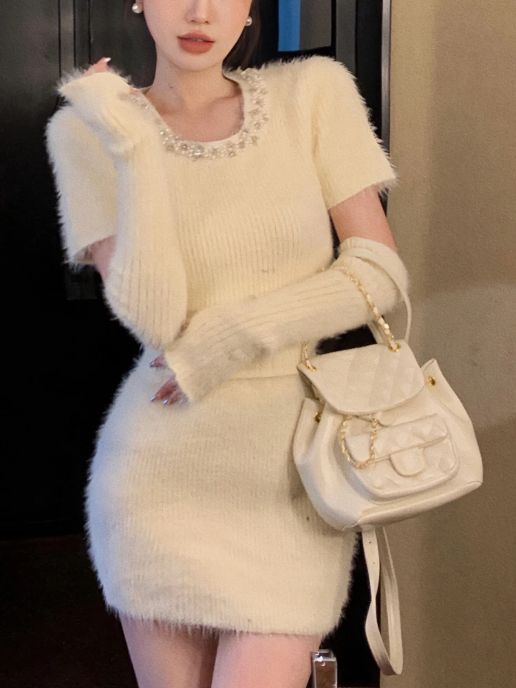 

Winter Sweet Knitted Two Piece Set Women Korean Fashion Solid Sexy Slim Skirt Set Female Long Sleeve Y2K Mini Skirt Suit 2023