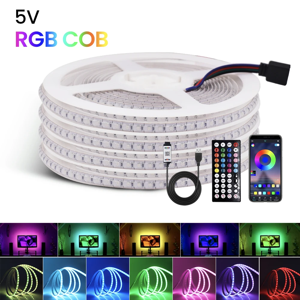 Фото Светодиодная лента COB RGB 5В, 5 мм, 180 светодиодов/м, с Bluetooth-управлением через приложение, 44-клавишным пультом ДУ, USB-контроллером, комплект 0.5/1/2/3/4/5 м с 4-контактными ленточными кабелями №1