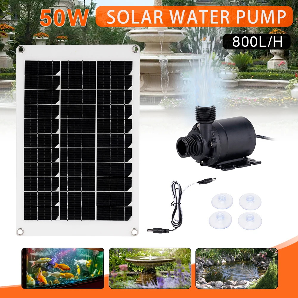 

800L/H DC 12V Brushless Solar Water Pump 50W Solar Panel Ultra-quiet Submersible Water Pump Fish Pond Garden Fountain Decoration