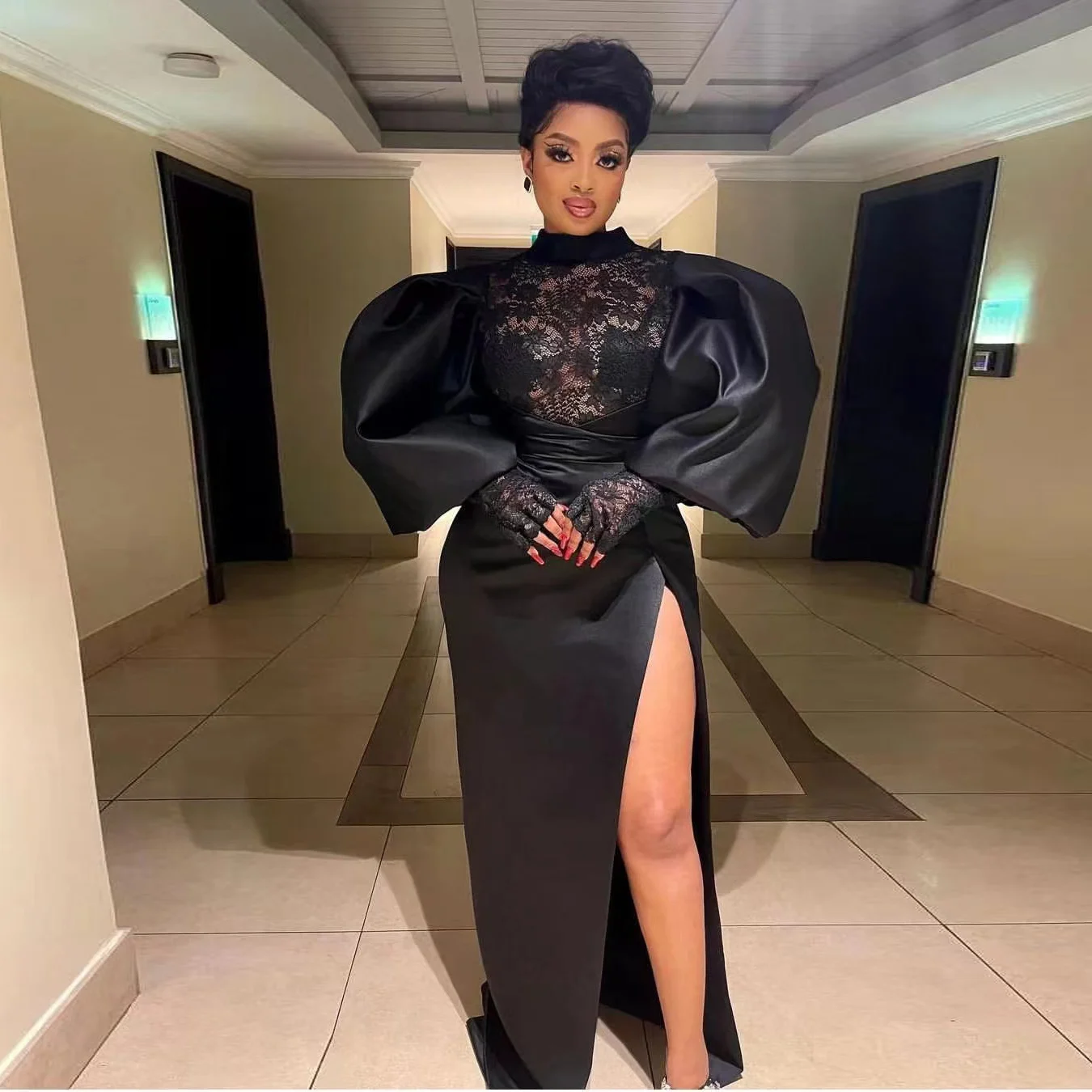 

Black Elegant Prom Dress For Women Satin Lace Long Sleeve High Split Evening Party Sexy Mermaid Formal Dresses Robes De Soirée