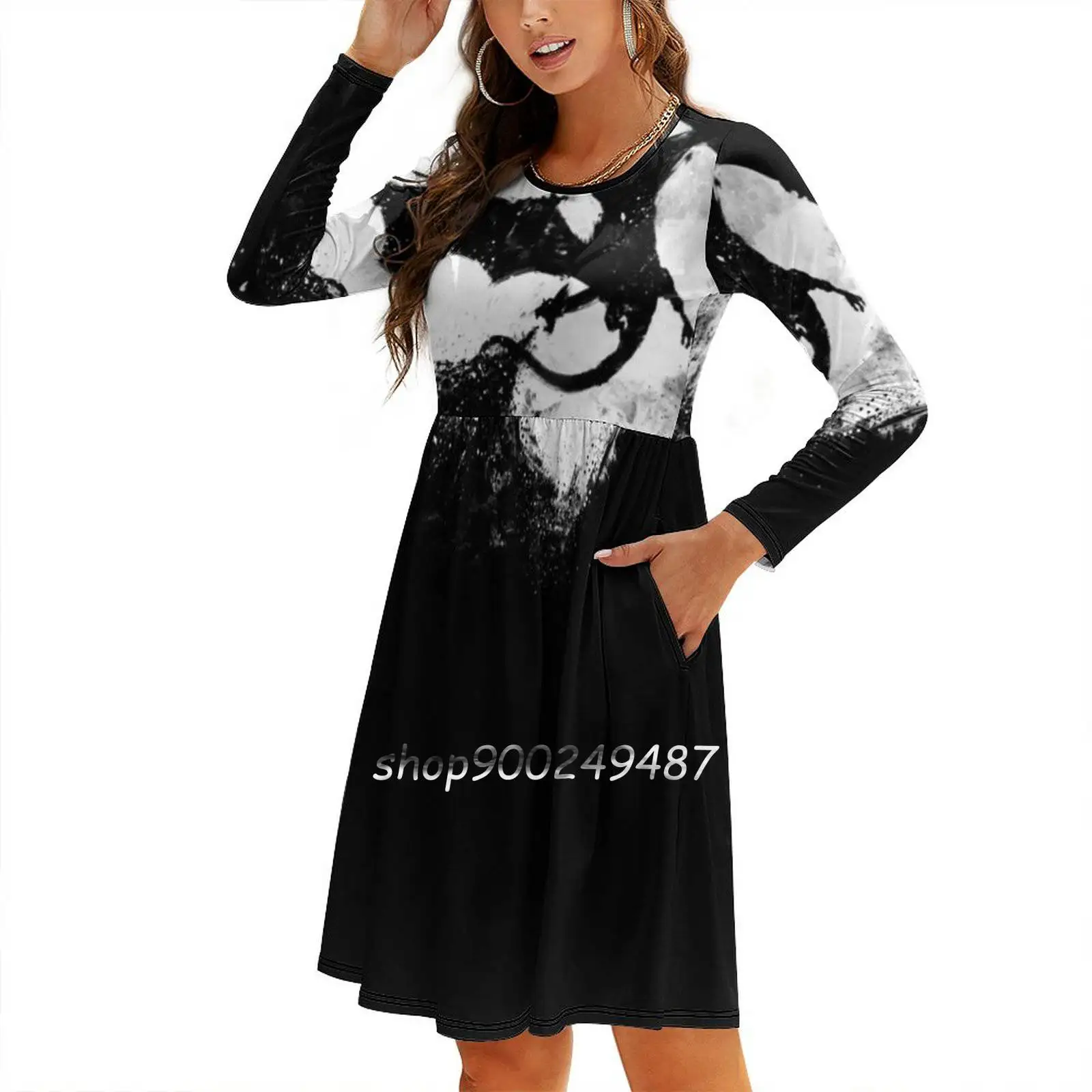 Midnight Desolation Long Sleeve Sexy Dresses For Women 2022 Ladies Vintage Elegant Party Dress Splatter Moon Dragon Fire Book